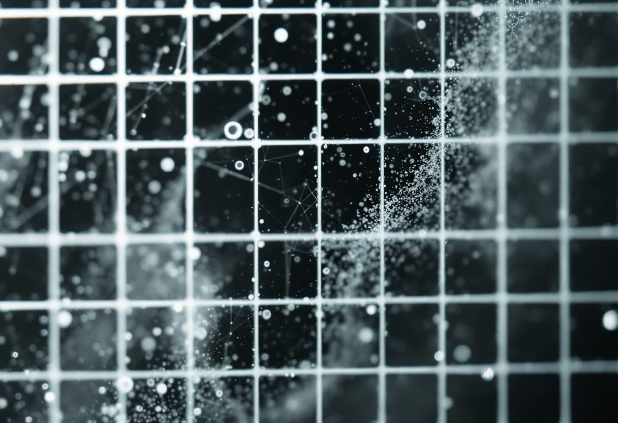 A fine grid partly obscured by drifting fluid